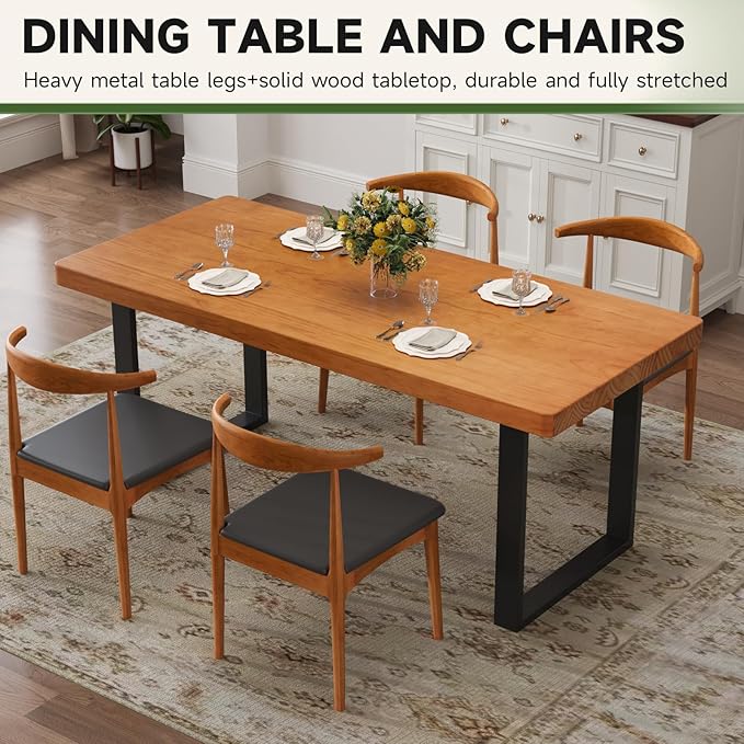 Stylish Modern Minimalist Solid Wood Dining Table with Sturdy Metal Base – Easy Assembly, Versatile Design for Dining Rooms, Living Rooms, and Offices