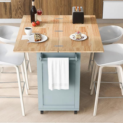 Rolling Kitchen Island Cart with Foldable Counter Top,Slide-Out Shelf and Lockable Wheels,Towel Rack and Drawer,for Kitchen Living Room Dining Room (Grey Blue@y)