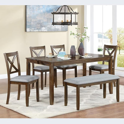 6-Piece Kitchen Dining Set, Rectangular Wooden Dining Table with 4 Upholstered Chairs and 1 Bench, Modern Dining Table Set for 6 People for Dining Room, Home Bar and Kitchen, Walnut
