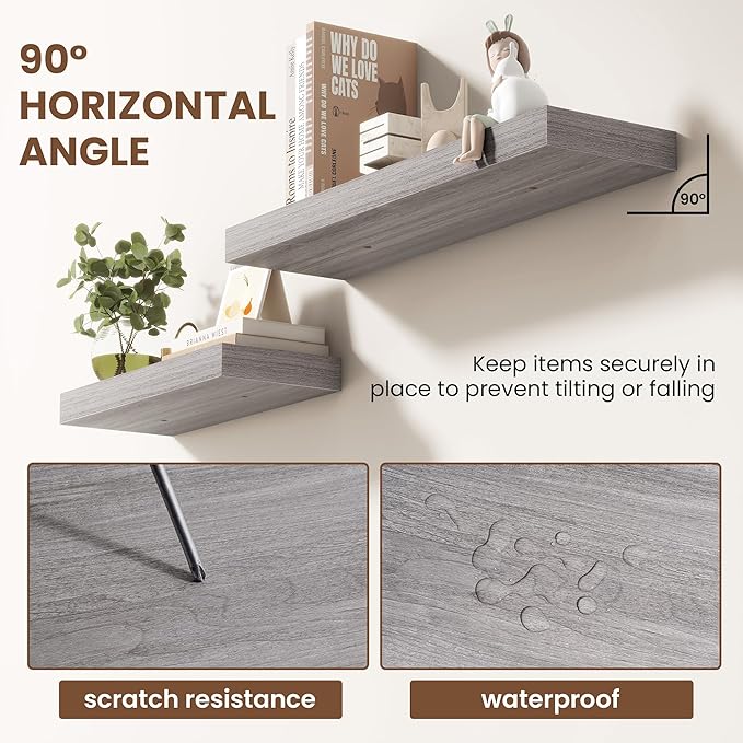 Acovy 55 Inch Floating Shelves for Wall 2 Pack, 55" Wall Shelves for Books, Storage, Decor, Wall Mounted Floating Shelf with Invisible Brackets for Kitchen, Living Room, Gray