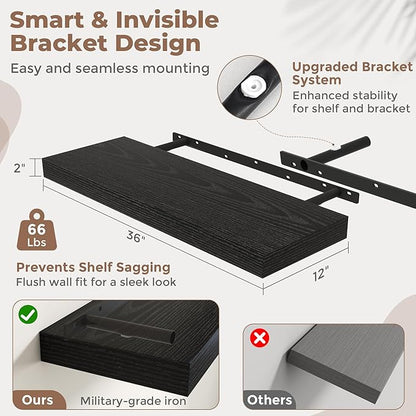 Marsmiles 12" Deep Floating Shelves for Wall with Invisible Brackets, Wall Mounted Engineered Wood Shelves with Wood Grain for Living Room, Bedroom, Kitchen Decor and Storage, 36" L Set of 1, Black
