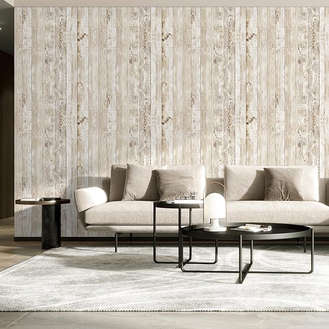 Decoroom Wood Wallpaper Peel and Stick, Shiplap Self Adhesive Contact Paper for Cabinets and Drawers, Removable Wood Grain Wall Paper Easy to Clean 17.7"×394"