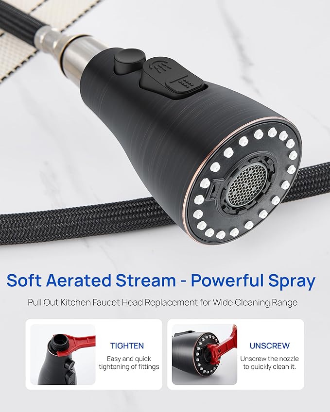 J-HVA Metal Kitchen Faucet Head Replacement – 3 Mode High-Pressure Sink Sprayer Replacement with 15 Nozzle Adapters, Durable Pull Down Spray Head for Kitchen Sink, Oil Rubbed Bronze, Stainless Steel