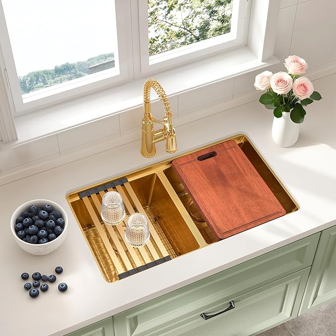 31 Inch Gold Sink Undermount Double Bowl, 16 Gauge 50/50 Double Bowl Stainless Steel Workstation Sink, 31"x18"x9" Large and Deep Kitchen Sink With Accessories