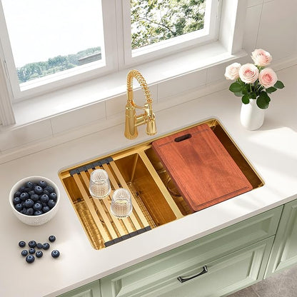 31 Inch Gold Sink Undermount Double Bowl, 16 Gauge 50/50 Double Bowl Stainless Steel Workstation Sink, 31"x18"x9" Large and Deep Kitchen Sink With Accessories