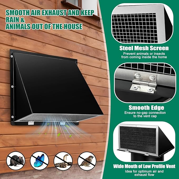 Black 10 Inch Hooded Wall Vent with Screen and Damper Exterior Exhaust Vent Cover Cap