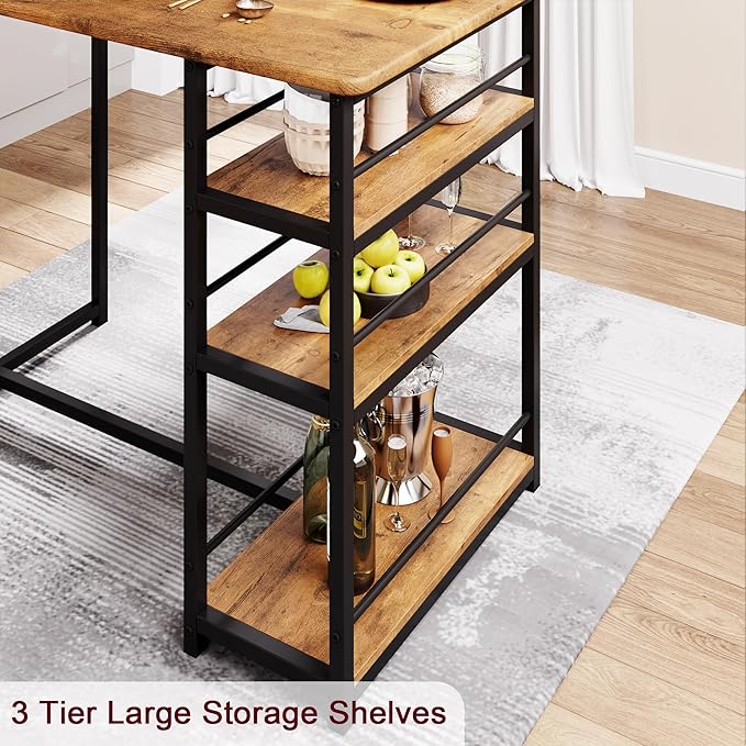 Bar Table and Chair Set with Three Shelves Small 2-Person Dining Table with 2 Upholstered Stools with Backrests Suitable for Restaurants and Bistros -Vintage Color