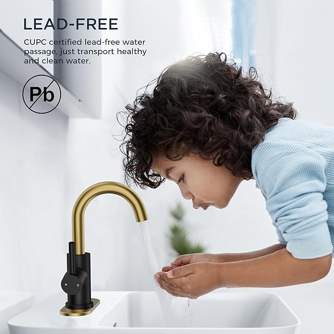 FORIOUS Black and Gold Bathroom Sink Faucet 1 or 3 Hole with Metal Pop Up Drain and Hoses, Single Handle Vanity Faucet for Bathroom Vanity Bar Kitchen RV, 360° Swivel High Arc Spout