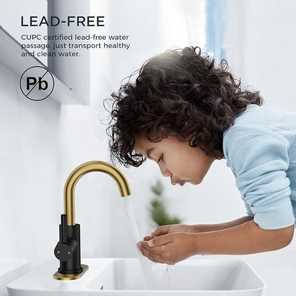 FORIOUS Black and Gold Bathroom Sink Faucet 1 or 3 Hole with Metal Pop Up Drain and Hoses, Single Handle Vanity Faucet for Bathroom Vanity Bar Kitchen RV, 360° Swivel High Arc Spout