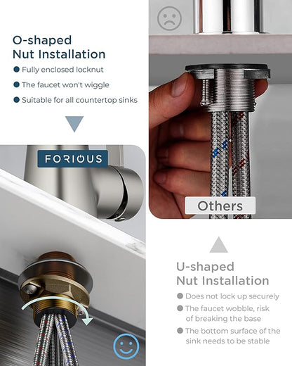 FORIOUS Kitchen Faucet with Pull Down Sprayer, Brushed Nickel, Classic High Arc Stainless Steel Faucet for Kitchen Sink, Single Handle for 1 or 3 Hole Decks for RV Bar Farmhouse Laundry Camper