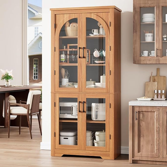 Garvee 70" Tall Kitchen Pantry Cabinet - Modern Display Cabinet with 4 Arched Glass Doors and Adjustable Shelves, Versatile Cupboard Organizers for Kitchen, Dining Room, Living Room, Bathroom, Walnut