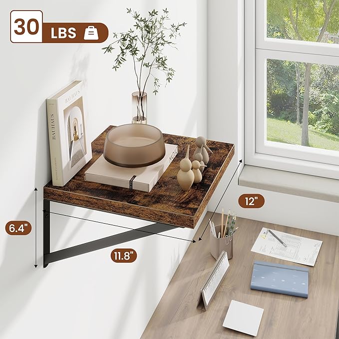 Deep Wall Shelves 12"W x 12"D Engineered Wood Floating Shelves for Wall, Sturdy Metal Bracket Bookshelves Home Decor Storage for Living Room Bedroom Bathroom Kitchen, Set of 2, Rustic Brown Finish