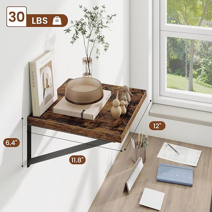 Deep Wall Shelves 12"W x 12"D Engineered Wood Floating Shelves for Wall, Sturdy Metal Bracket Bookshelves Home Decor Storage for Living Room Bedroom Bathroom Kitchen, Set of 2, Rustic Brown Finish