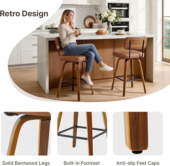 Swivel Bar Stools Set of 4, 26" Upholstered Counter Height Bar Stools with Back and Bent Walnut Wood Legs, Faux Leather Modern Barstools for Kitchen Island,Brown