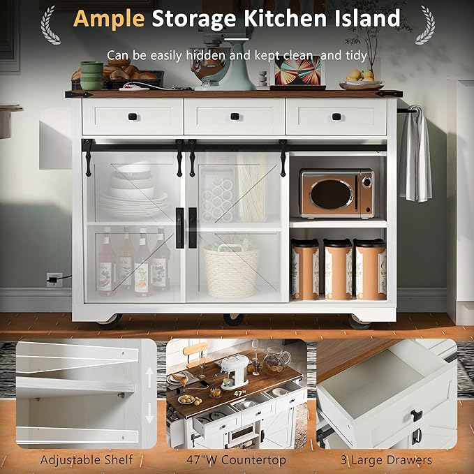 53.7" Farmhouse Kitchen Island with Power Outlet,2 Sliding Barn Door Storage w/Drop Leaf and Spice Rack Rolling Carts on Wheels & Metal Handle,for Home,Dining Room,White