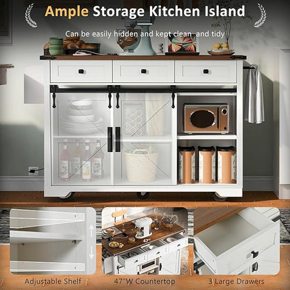 53.7" Farmhouse Kitchen Island with Power Outlet,2 Sliding Barn Door Storage w/Drop Leaf and Spice Rack Rolling Carts on Wheels & Metal Handle,for Home,Dining Room,White