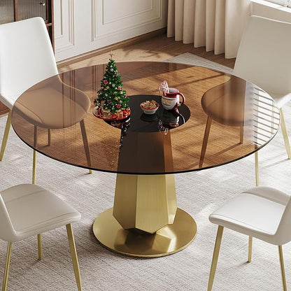 53" Brown Glass Round Dining Table for 4-8 People, Modern Kitchen Table with Smoked Tempered Glass Top & Gold Stainless Steel Base, Easy Assembly, for Dining Room & Kitchen