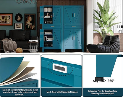 71"H Metal Kitchen Pantry Cabinet with Drawers,Blue Kitchen Storage Cabinets with Doors,Farmhouse Pantry Food Storage Cabinets,Tall Pantry Cabinets,Large Freestanding Cabinets for Dining Room