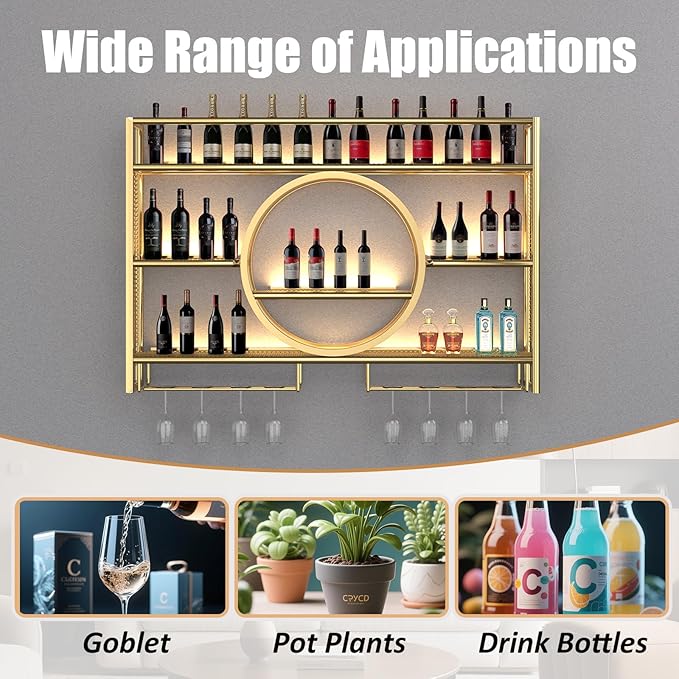 Metal Wine Rack Wall Mounted with LED Light, 3-Tier Bar Liquor Shelf with Wine Glass Holder, Modern Large Capacity Liquor Bottle Display Storage Shelf for Home Bar, Dining Room(Gold, 100 * 80 * 15)