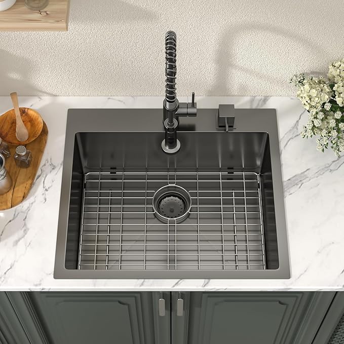 Lordear 25 Drop In Kitchen Sink 25 x 22 inch Gunmetal Black Drop Sink 16 Gauge Stainless Steel Single Bowl Topmount Over Counter Bar Prep Kitchen Sinks Basin