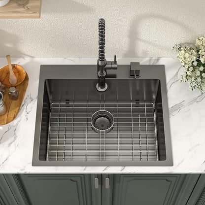 Lordear 25 Drop In Kitchen Sink 25 x 22 inch Gunmetal Black Drop Sink 16 Gauge Stainless Steel Single Bowl Topmount Over Counter Bar Prep Kitchen Sinks Basin