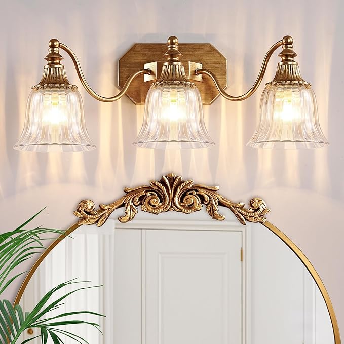 Gold Vintage Bathroom Light Fixtures, 3-Lights Bathroom Vanity Light, Antique Brushed Gold Lighting Fixtures Over Mirror with Crystal Glass Shade, Wall Sconce Lighting