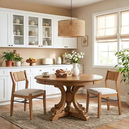 RIVOVA Farmhouse Woven Dining Chairs Set of 2 with Weave Paper Rope Back, Beige Linen Upholstered Kitchen & Dining Room Chairs with Natural Wood Legs, Mid-Century Armless Kitchen Side Chair