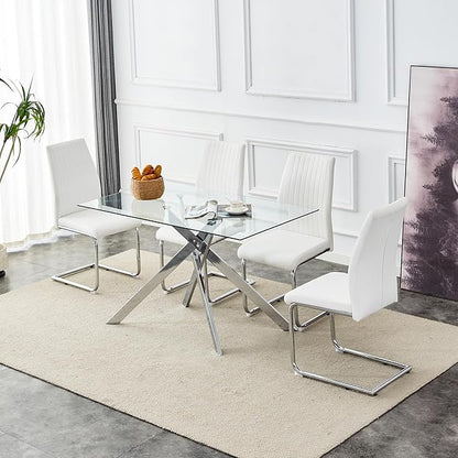 51" Rectangle Dining Table for 4 5 6 People, Modern Dining Table with Silver Chrome Metal X-Shaped Legs, Large Glass Kitchen Table Family Dinner Table for Home Office Living Room