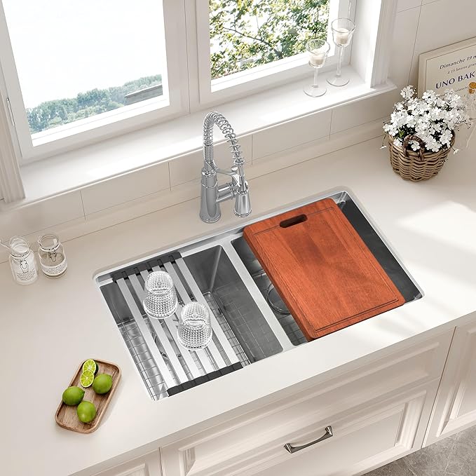 LQS 30 Inch Kitchen Sink Stainless Steel, Undermount Double Bowl Kitchen Sink, 50/50 Stainless Steel 16 Gauge Top-Grade with Fordable Roll-Up Drying Rack, Built-In Accessories and X-Shaped Drain Line