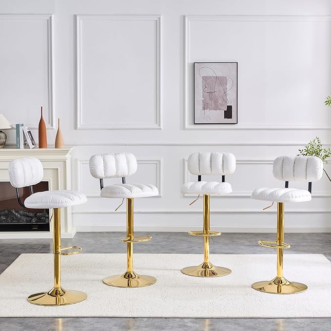 Set of 2 Adjustable Height Bar Stools, White PU Leather Upholstered Seating with Gold Metal Base Footrest, Stools for Kitchen Island, Home Bar, Living Room