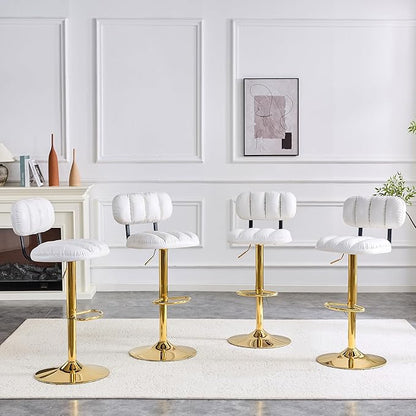 Set of 2 Adjustable Height Bar Stools, White PU Leather Upholstered Seating with Gold Metal Base Footrest, Stools for Kitchen Island, Home Bar, Living Room