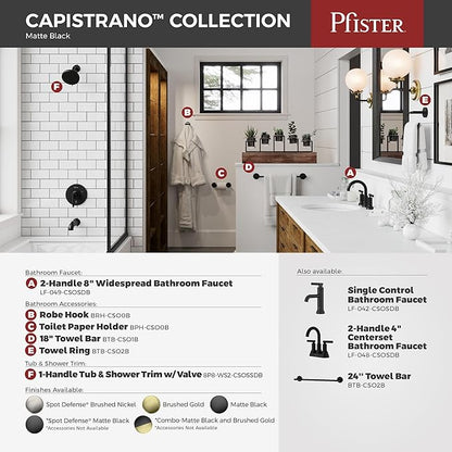 Pfister Capistrano Bathroom Sink Faucet, Single Control, 1-Handle, Single Hole, NSF Certified, Spot Defense Matte Black Finish, LF042CSOSDB