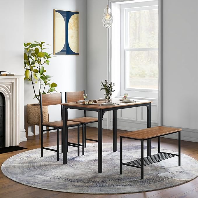 LDAILY Dining Table Set for 4, 4-Piece Wooden Kitchen Table and Chairs with Bench, Storage Rack & Metal Frame, Industrial Dining Room Table Set of 4 for Small Space, Apartment, Kitchen (Rustic Brown)