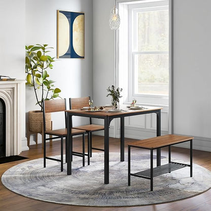 LDAILY Dining Table Set for 4, 4-Piece Wooden Kitchen Table and Chairs with Bench, Storage Rack & Metal Frame, Industrial Dining Room Table Set of 4 for Small Space, Apartment, Kitchen (Rustic Brown)