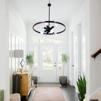 8-Light Wagon Wheel Chandelier, Modern Farmhouse Chandelier for Dining Room Light Fixture 25.5" Rustic Industrial Round Hanging Pendant Lighting for Bedroom, Living Room, Foyer, Kitchen Island