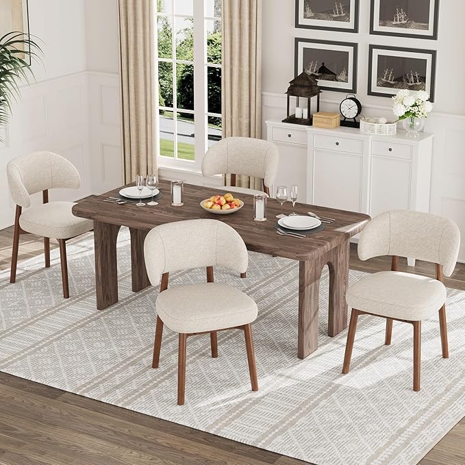 MALOL Wooden Dining Chairs Set of 4, Modern Upholstered Dining Room Chair, Fabric Kitchen Side Chairs with Curved Open Back for Living Room/Restaurant/Cafe, Beige