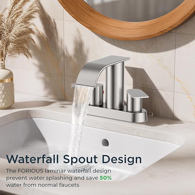FORIOUS Brushed Nickel Bathroom Sink Faucet, Waterfall 4 Inch Centerset Bathroom Faucets with Metal Pop up Drain and cUPC Hose for Basin, Vanity, RV, Pedestal 2 or 3 Hole Sink