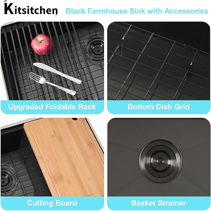 Kitsitchen 33 Inch Black Farm Sink, 16 Gauge T-304S Stainless Steel Single Bowl Farmhouse Kitchen Sinks, 33" x 20" x 10" Large and Deep Apron Front Workstation Sink with Accessories