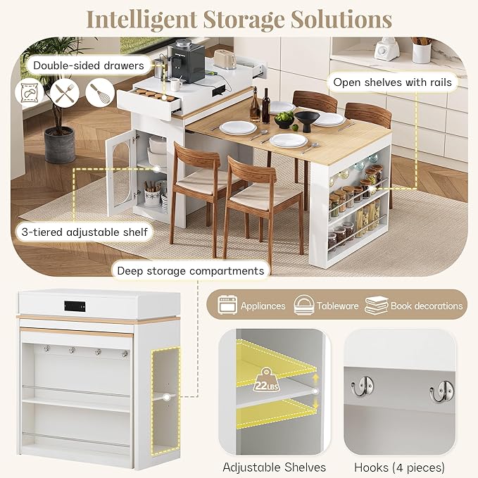 Extendable Dining Table with Folding Tabletop, Bar Table with Drawers and Power Outlet, Kitchen Island with Wheels and Hooks, Sideboard for Kitchen and Dining Room (Creamy White+Natural)