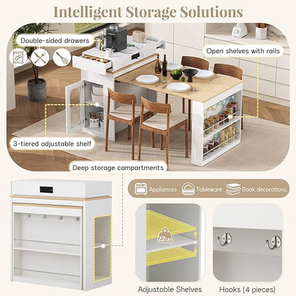 Extendable Dining Table with Folding Tabletop, Bar Table with Drawers and Power Outlet, Kitchen Island with Wheels and Hooks, Sideboard for Kitchen and Dining Room (Creamy White+Natural)