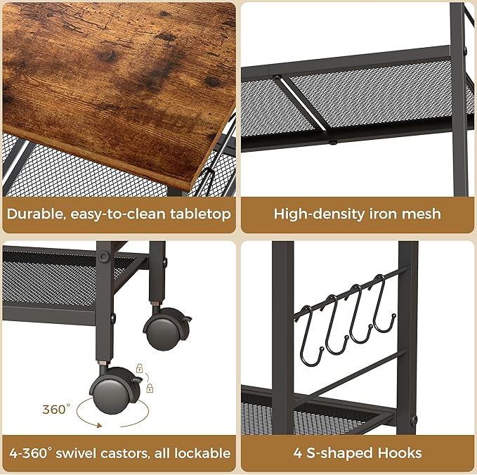 BEWISHOME Rolling Kitchen Cart 3 Tier, Microwave Kitchen Cart with Storage Function, Practical Roller Cart with 4 Locking Wheels for Kitchen, Living Room, Bathroom, Office, Bar (Brown) 99ZCC01H