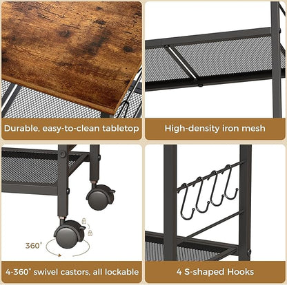 BEWISHOME Rolling Kitchen Cart 3 Tier, Microwave Kitchen Cart with Storage Function, Practical Roller Cart with 4 Locking Wheels for Kitchen, Living Room, Bathroom, Office, Bar (Brown) 99ZCC01H