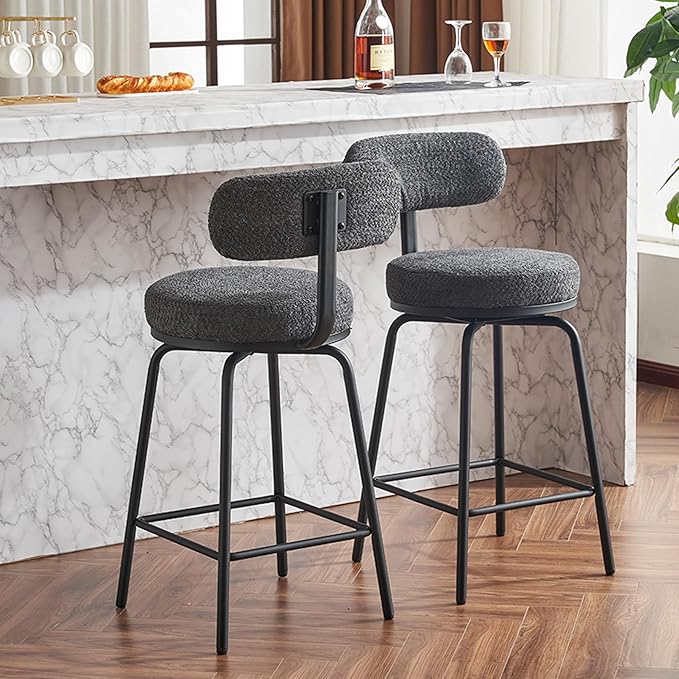 Modern Swivel Bar Stools Set of 2, Upholstered Counter Height Bar Chairs with Metal Legs & Footrest, 360° Swivel Barstools for Kitchen Island, Dining Room
