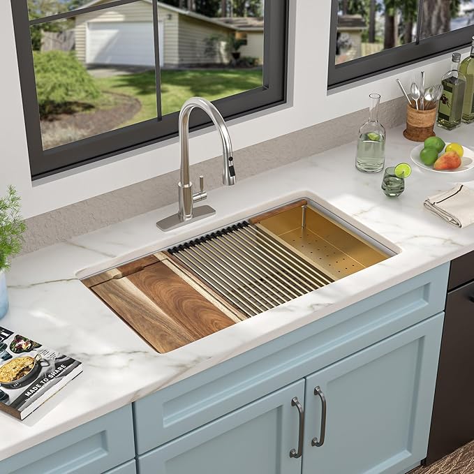30"x19" Granite Composite Kitchen Sink - White Undermount Ledge Workstation Quartz Classic Under Counter Single Bowl Sink Basin with Gold Accessories