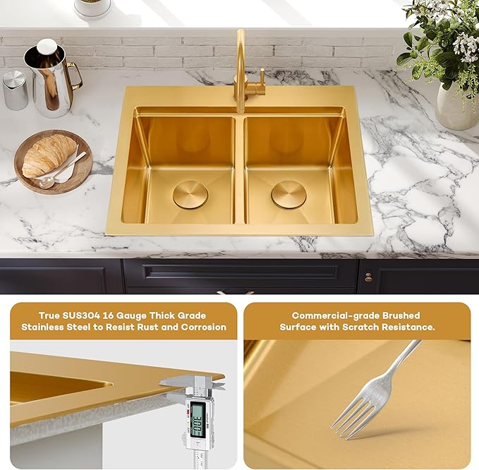 MILOSEN 28 Inch Gold Double Bowl Kitchen Sink, Gold Drop in 16 Gauge T304 Stainless Steel Sinks, Workstation Sink 50/50 Topmount Double Basin with Accessories, 10'' Deep Laundry Outdoor Sinks