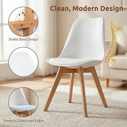 Dining Chairs Set of 8, Modern Upholstered Dining Room Chairs with PU Leather Padded Seat, Armless Kitchen Chairs with Curved Backrest and Solid Wood Legs for Dining Room, Kitchen, Apartment, White