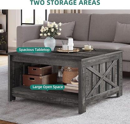 YITAHOME Coffee Tables Farmhouse Coffee Table with Storage Rustic Wood Cocktail Table,Square Coffee Table for Living Meeting Room with Half Open Storage Compartment,Dark Rustic Oak