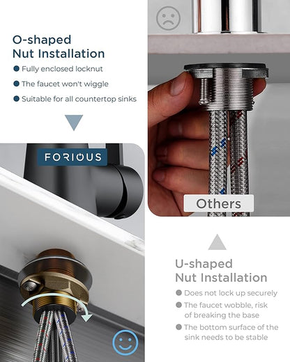 FORIOUS Black Kitchen Faucet with Soap Dispenser, Pull Down Sprayer, Modern High Arc Stainless Steel Faucet for Kitchen Sink, Single Handle for 1 or 3 Hole Decks for RV Bar Farmhouse Laundry Camper
