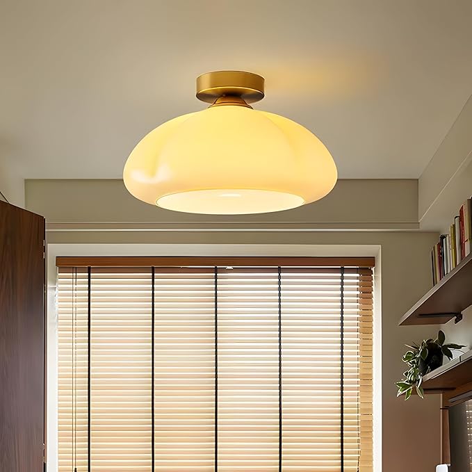 Bofea-Modern Gold Semi Flush Mount Ceiling Light Schoolhouse Ceiling Light Fixture Gold Overhead Lights Fixture with Cream Glass Shade Brass Semi Flush Lamp for Bedroom Hallway Kitchen
