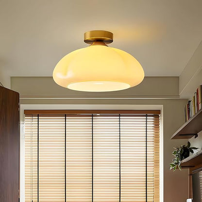 Bofea-Modern Gold Semi Flush Mount Ceiling Light Schoolhouse Ceiling Light Fixture Gold Overhead Lights Fixture with Cream Glass Shade Brass Semi Flush Lamp for Bedroom Hallway Kitchen